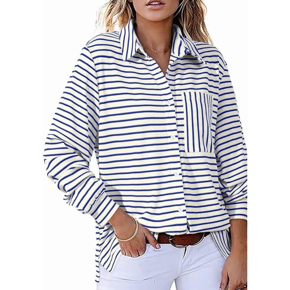 Astylish Women's Oversized Striped Button Down Shirt Navy/ White Small